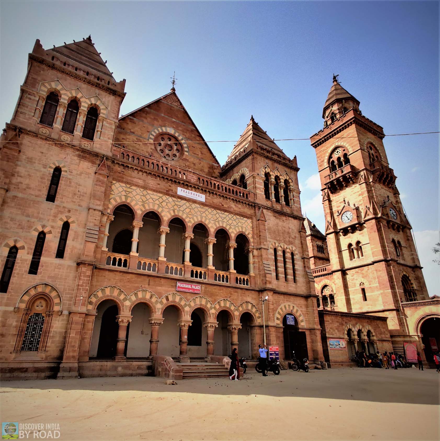 Prag Mahal Palace exterior view with clock tower