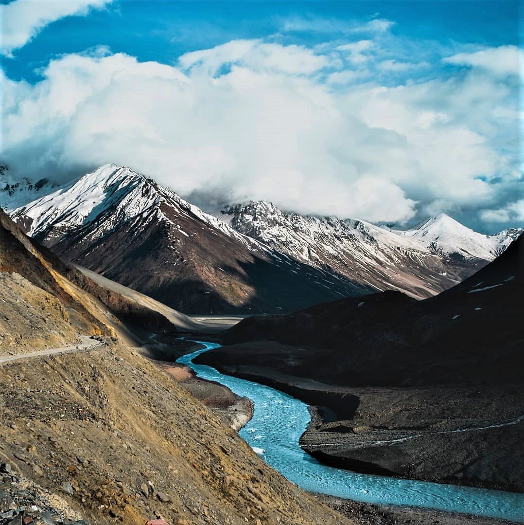 Spiti velly view with snow capped mountains & river