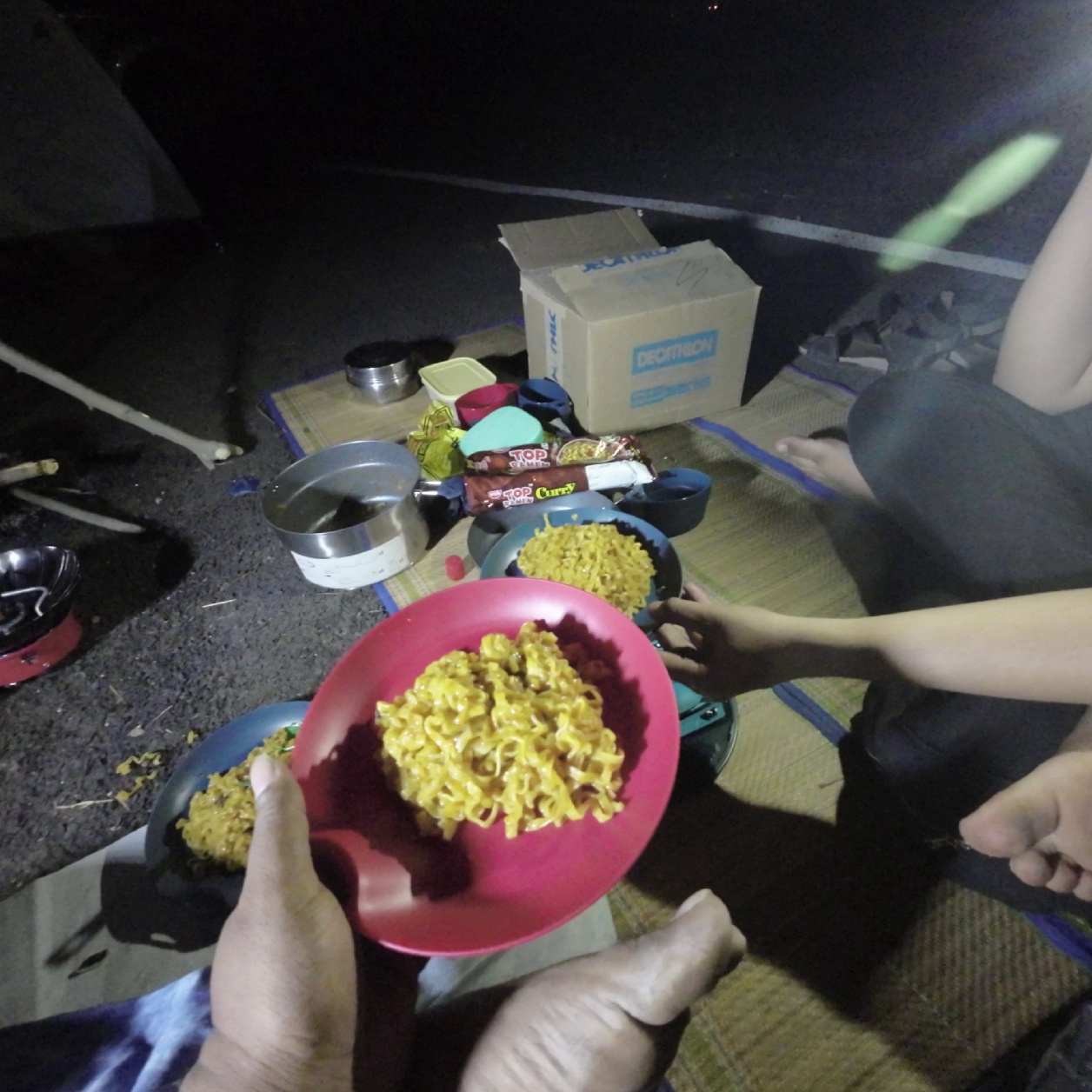 Enjoying Noodles during our first camping